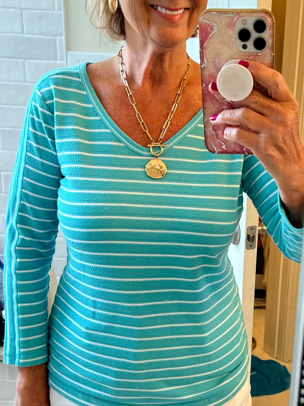 Talbots Teal and White Striped Lightweight Top!